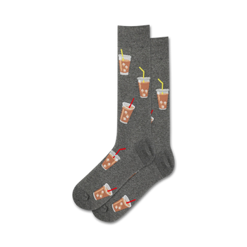 crew length men's socks with gray iced coffee drink design, consisting of yellow straws and red lids.    