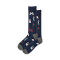 Pair of navy blue crew socks with grey cuffs, featuring retro video game controllers and consoles in red and white.