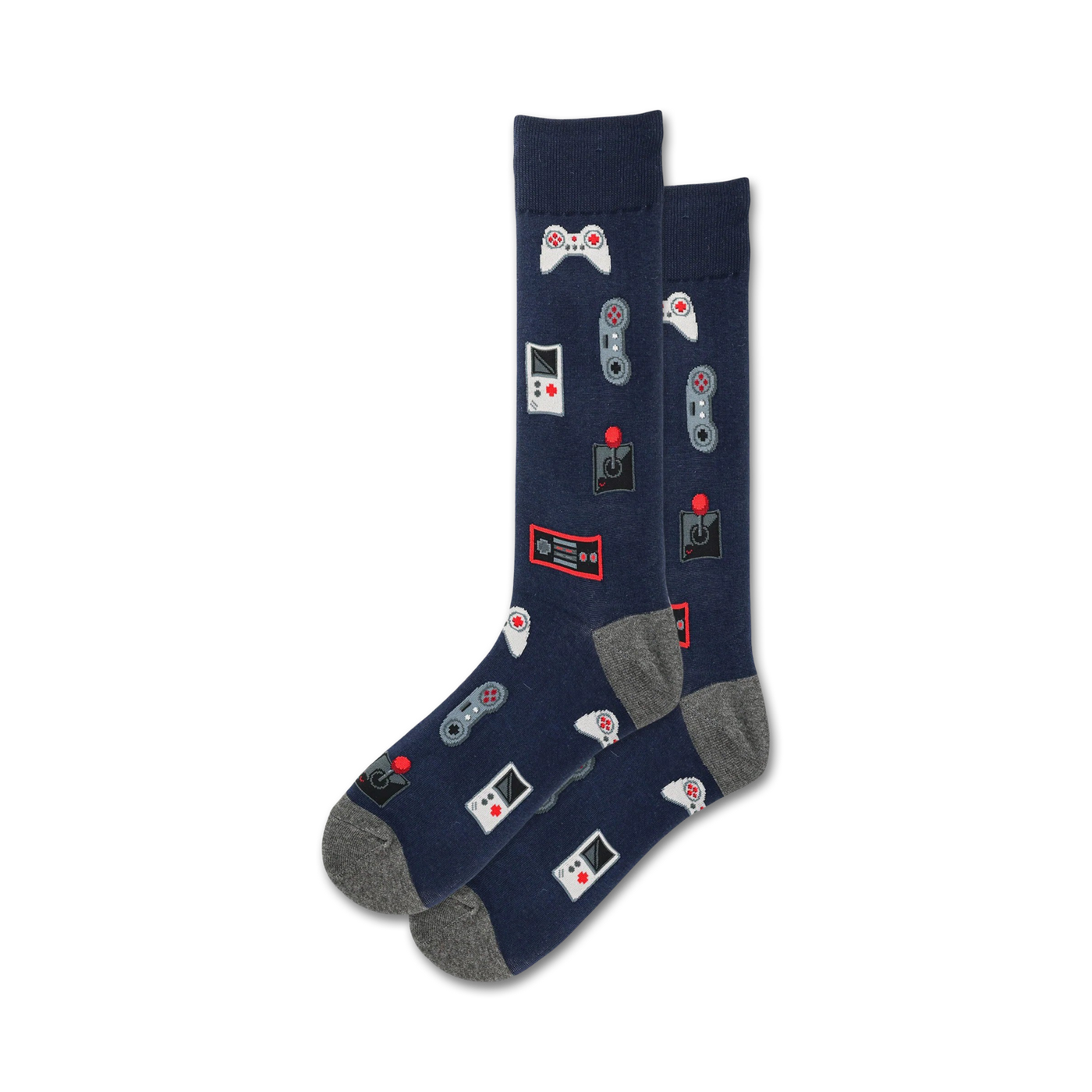 Pair of navy blue crew socks with grey cuffs, featuring retro video game controllers and consoles in red and white.