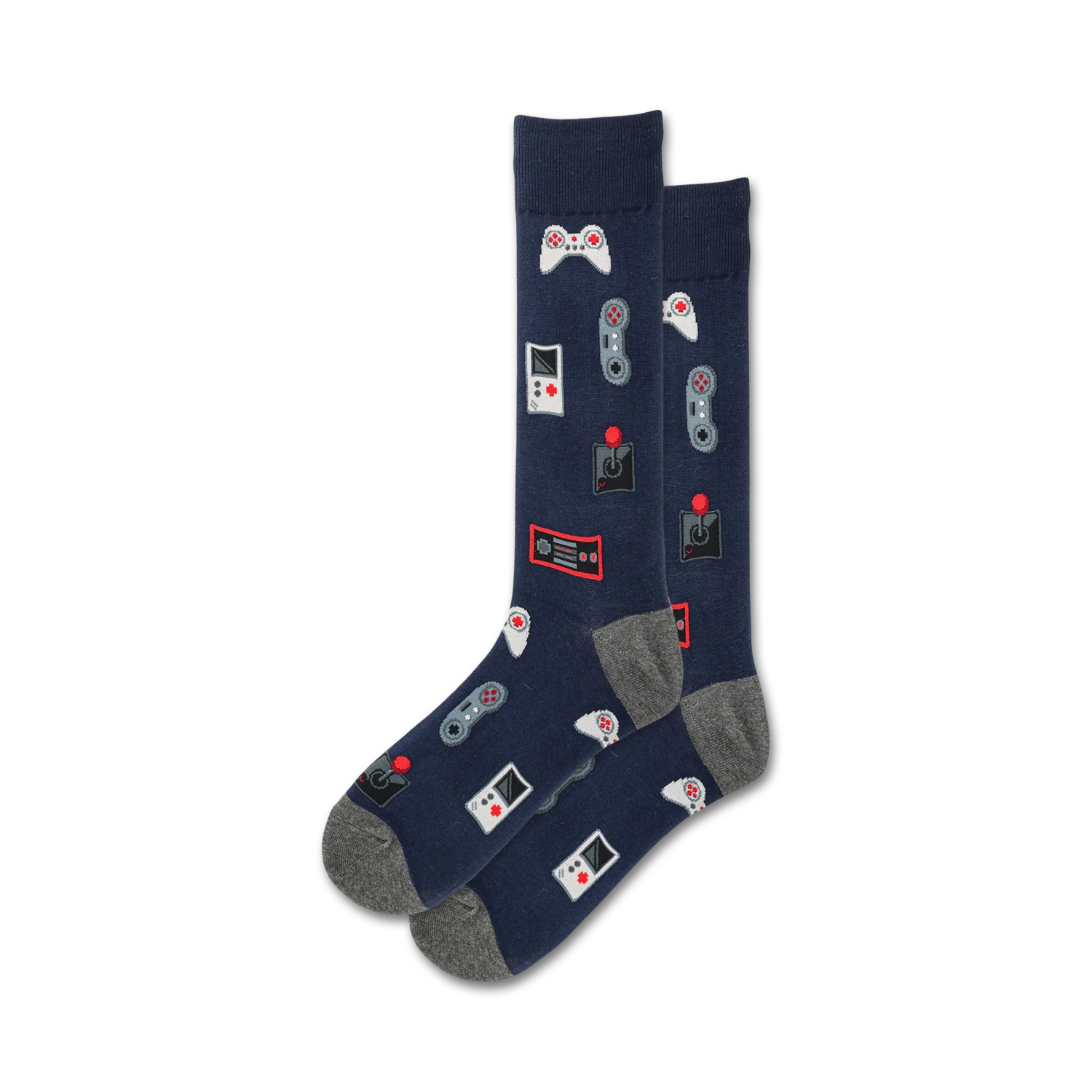 Pair of navy blue crew socks with grey cuffs, featuring retro video game controllers and consoles in red and white.