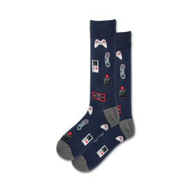 crew length gaming themed socks in dark blue with grey and red pixelated video game controller and joystick design.   