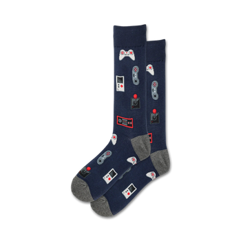 crew length gaming themed socks in dark blue with grey and red pixelated video game controller and joystick design.   