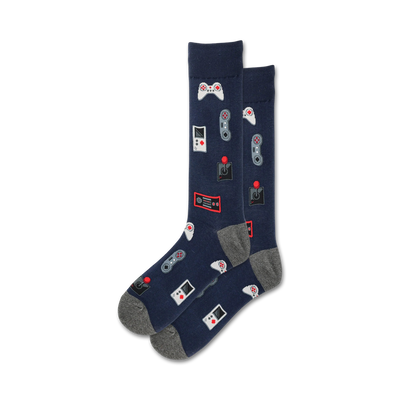 crew length gaming themed socks in dark blue with grey and red pixelated video game controller and joystick design.   