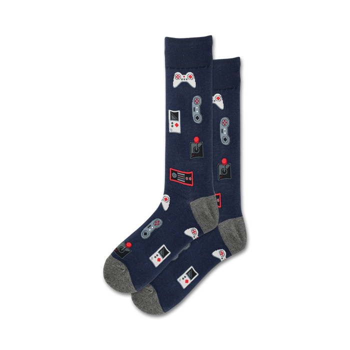crew length gaming themed socks in dark blue with grey and red pixelated video game controller and joystick design.    }}