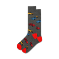 Pair of crew socks in gray with a pattern of red, blue, and yellow 1980s cars. Red and orange heel and toe.
