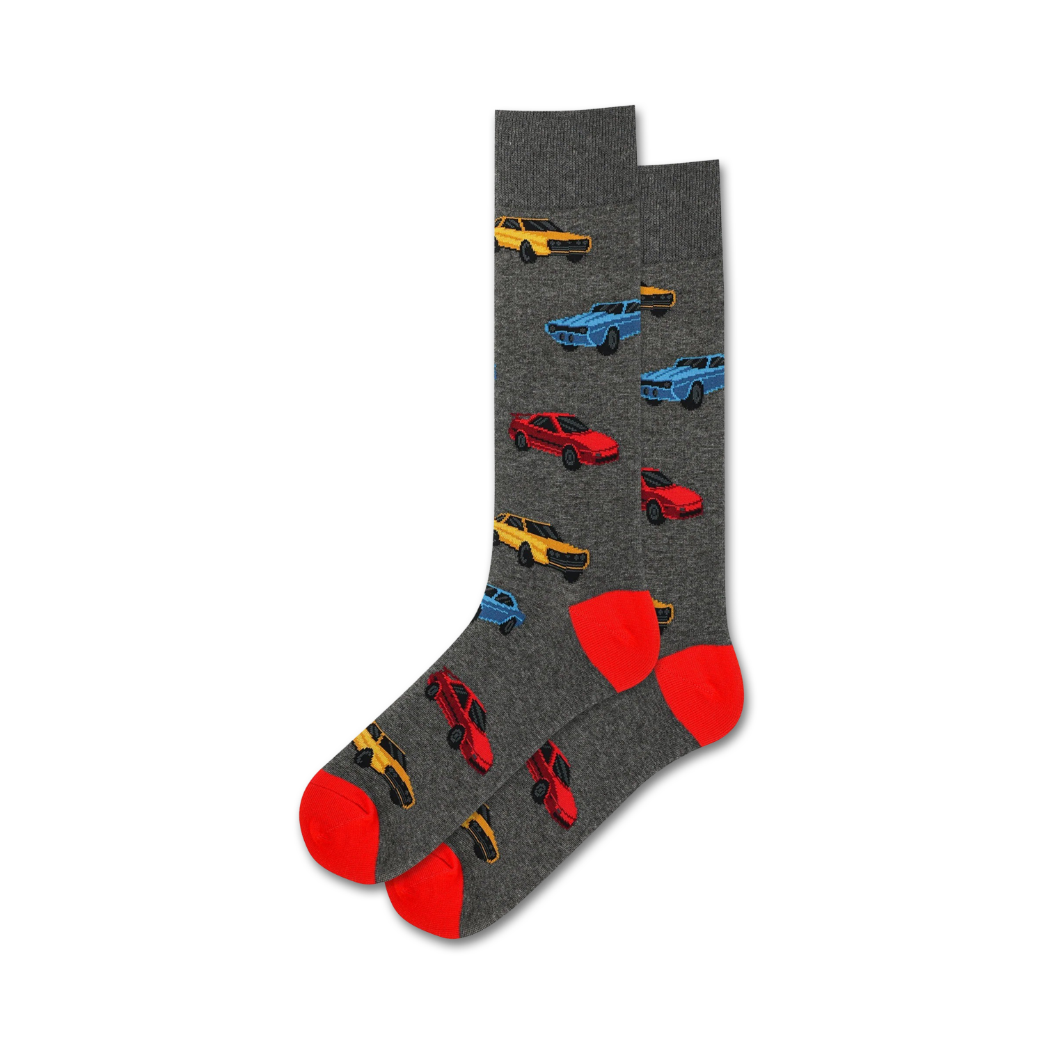 Pair of crew socks in gray with a pattern of red, blue, and yellow 1980s cars. Red and orange heel and toe.