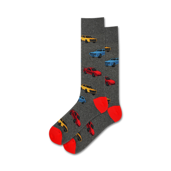 here is a 140 character alt text description:   men's eighties cars crew socks red yellow blue gray retro 1980s sports cars   