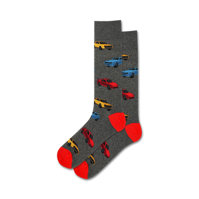 here is a 140 character alt text description:   men's eighties cars crew socks red yellow blue gray retro 1980s sports cars   