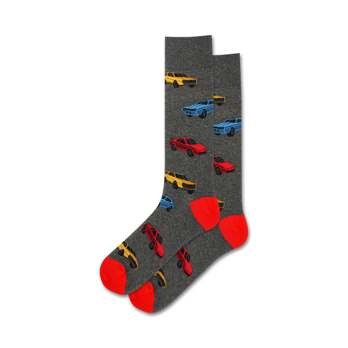 here is a 140 character alt text description:   men's eighties cars crew socks red yellow blue gray retro 1980s sports cars    }}