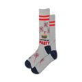 Pair of crew socks in grey with red and blue fireworks, a burger with a tiny American flag, and the text 'United We Party'.