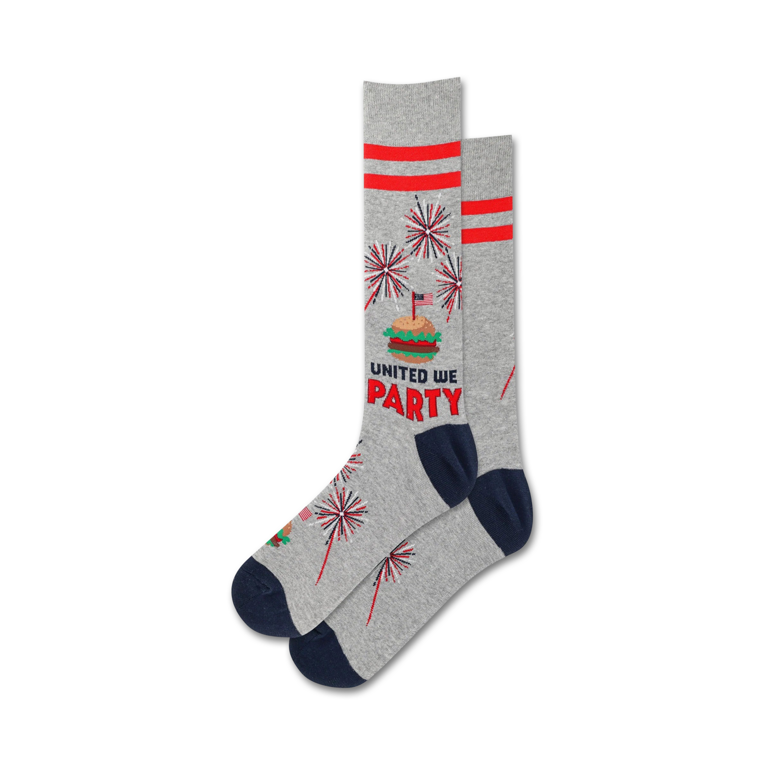 Pair of crew socks in grey with red and blue fireworks, a burger with a tiny American flag, and the text 'United We Party'.