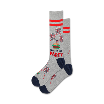 gray crew socks with red and blue striped cuffs, american flag hamburger and fireworks pattern, "united we party" text. perfect for 4th of july celebrations.   