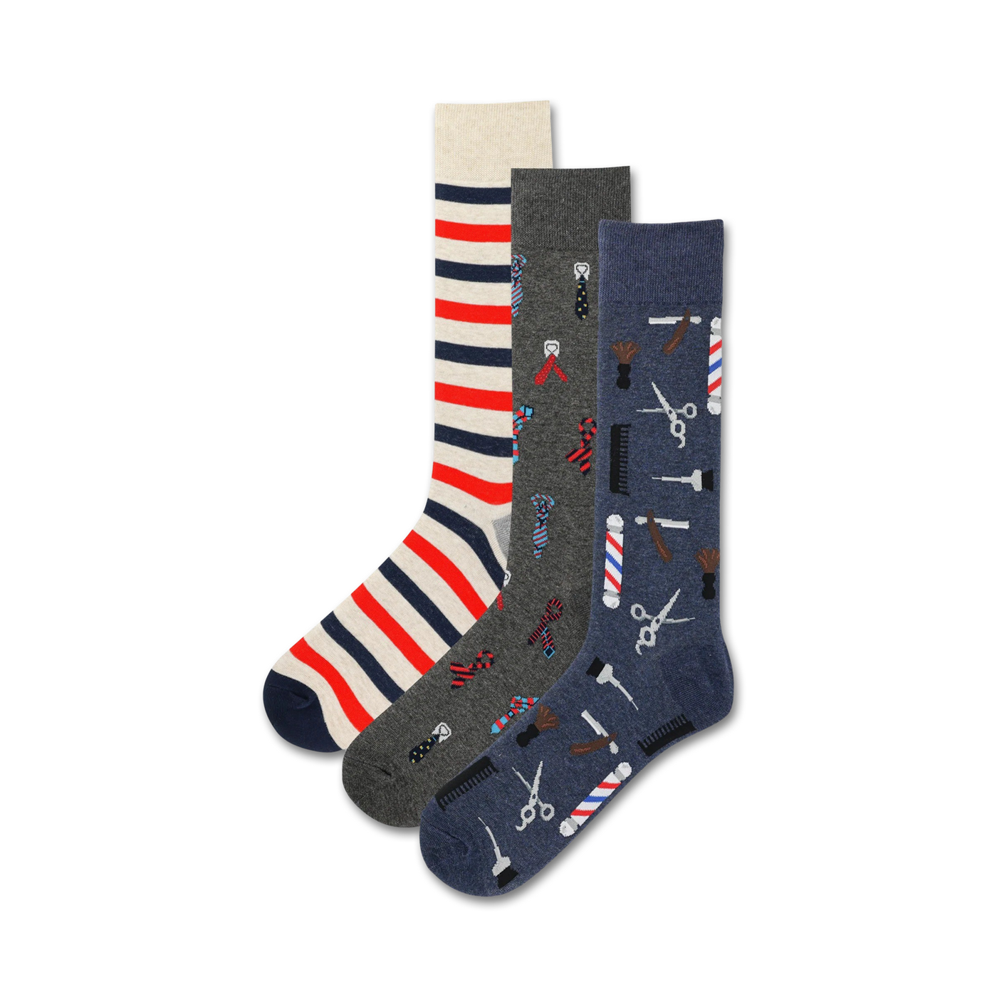 Three pairs of crew socks. One pair features red and white stripes, another has barber tools, and the third is navy with barber tools.