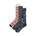 Three pairs of crew socks. One pair features red and white stripes, another has barber tools, and the third is navy with barber tools.