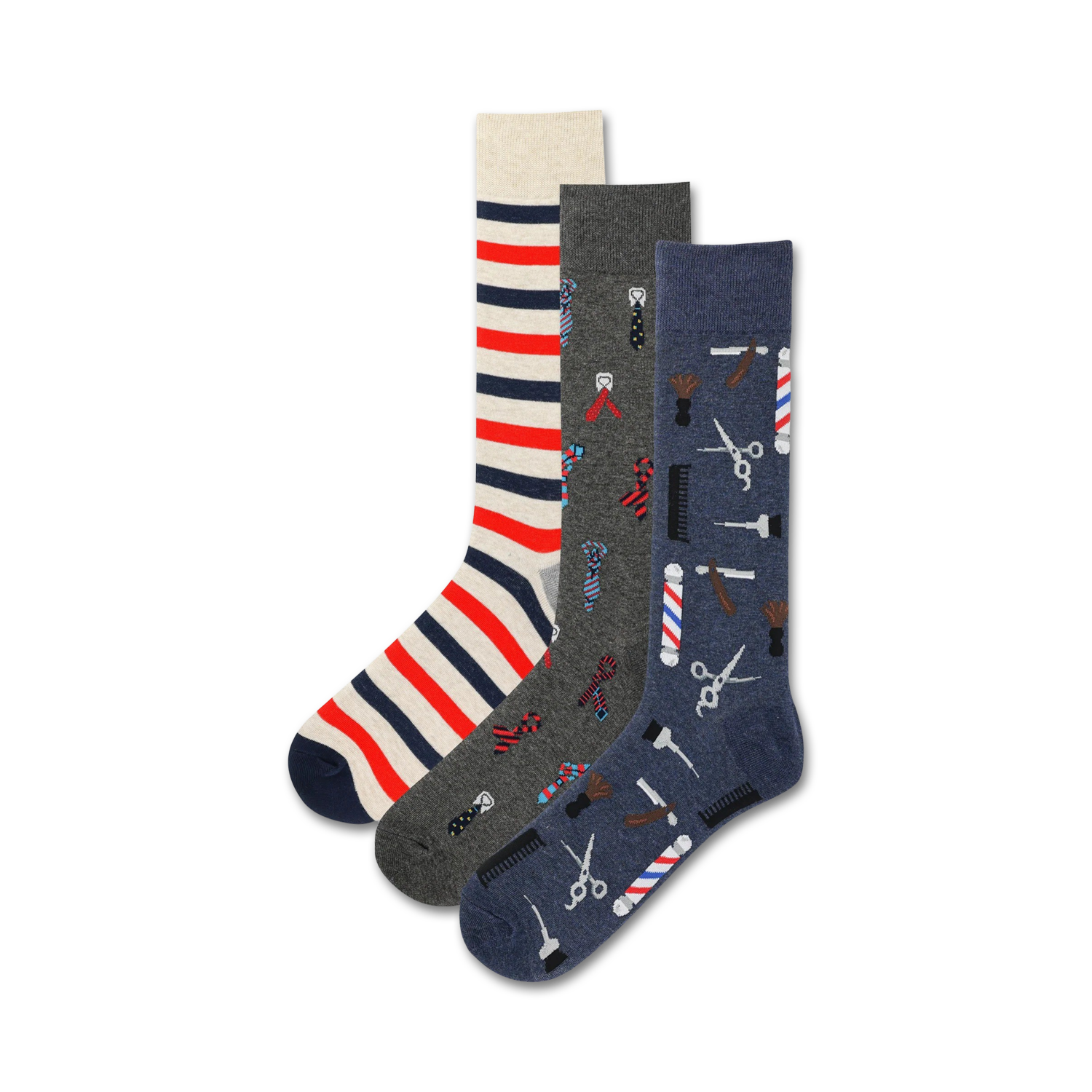 Three pairs of crew socks. One pair features red and white stripes, another has barber tools, and the third is navy with barber tools.