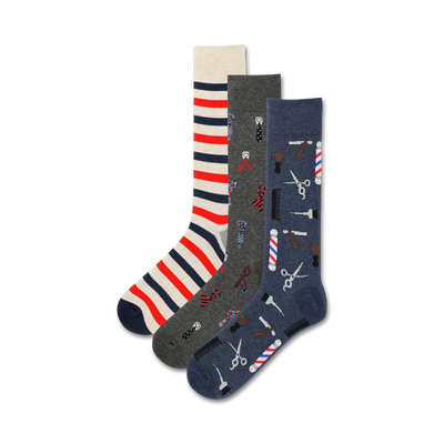 mens barber shop crew socks 3 pack, gray, navy blue, white, red, blue  