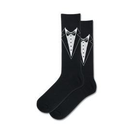 black crew socks with a tuxedo pattern, perfect for weddings.   