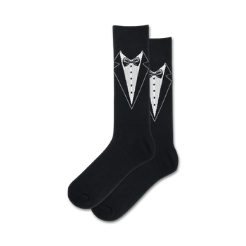 black crew socks with a tuxedo pattern, perfect for weddings.   