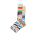 Two pairs of crew socks with multicolored stripes on a beige background.  The stripes include rainbow colors and brown.  Gray heel and toe.