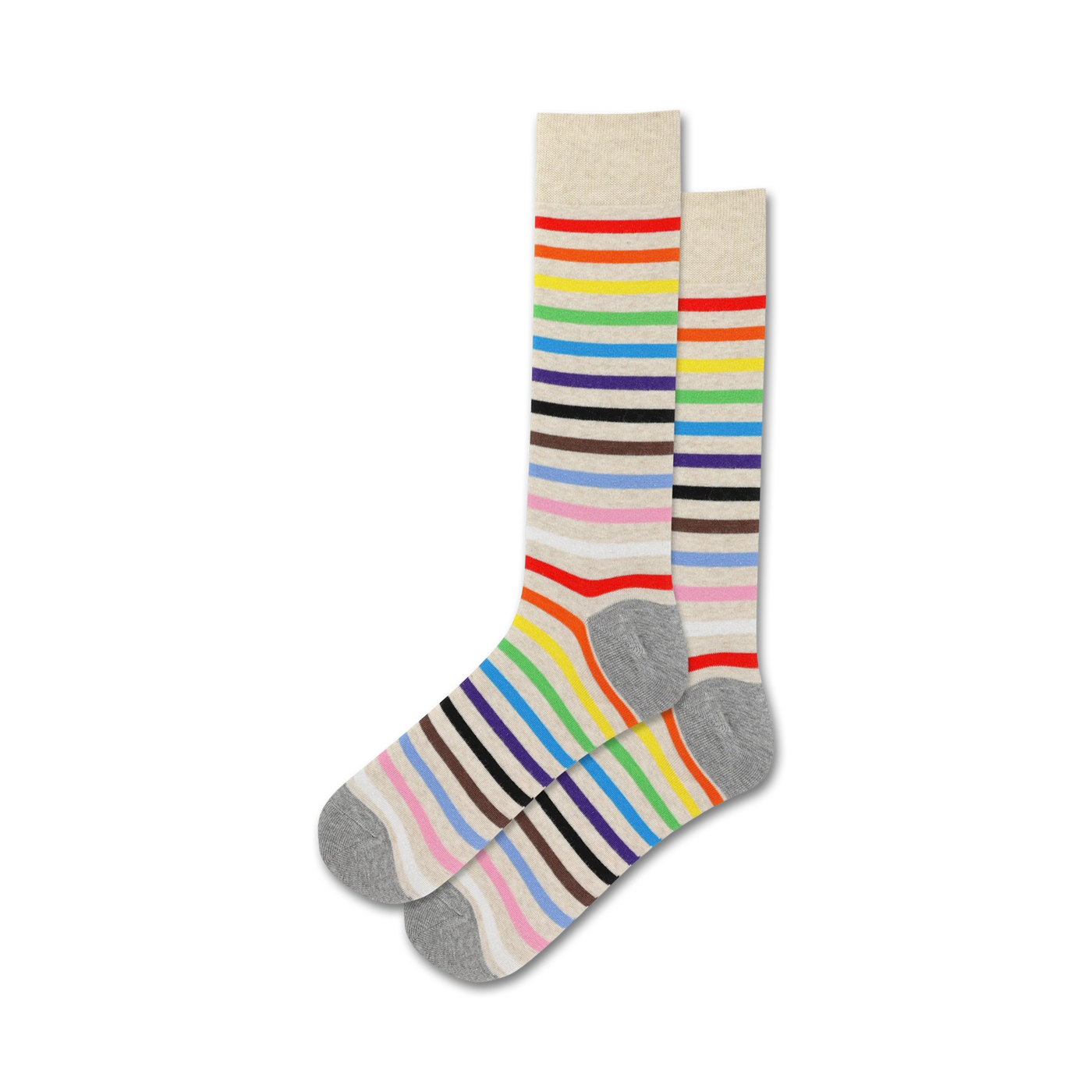 Two pairs of crew socks with multicolored stripes on a beige background.  The stripes include rainbow colors and brown.  Gray heel and toe.
