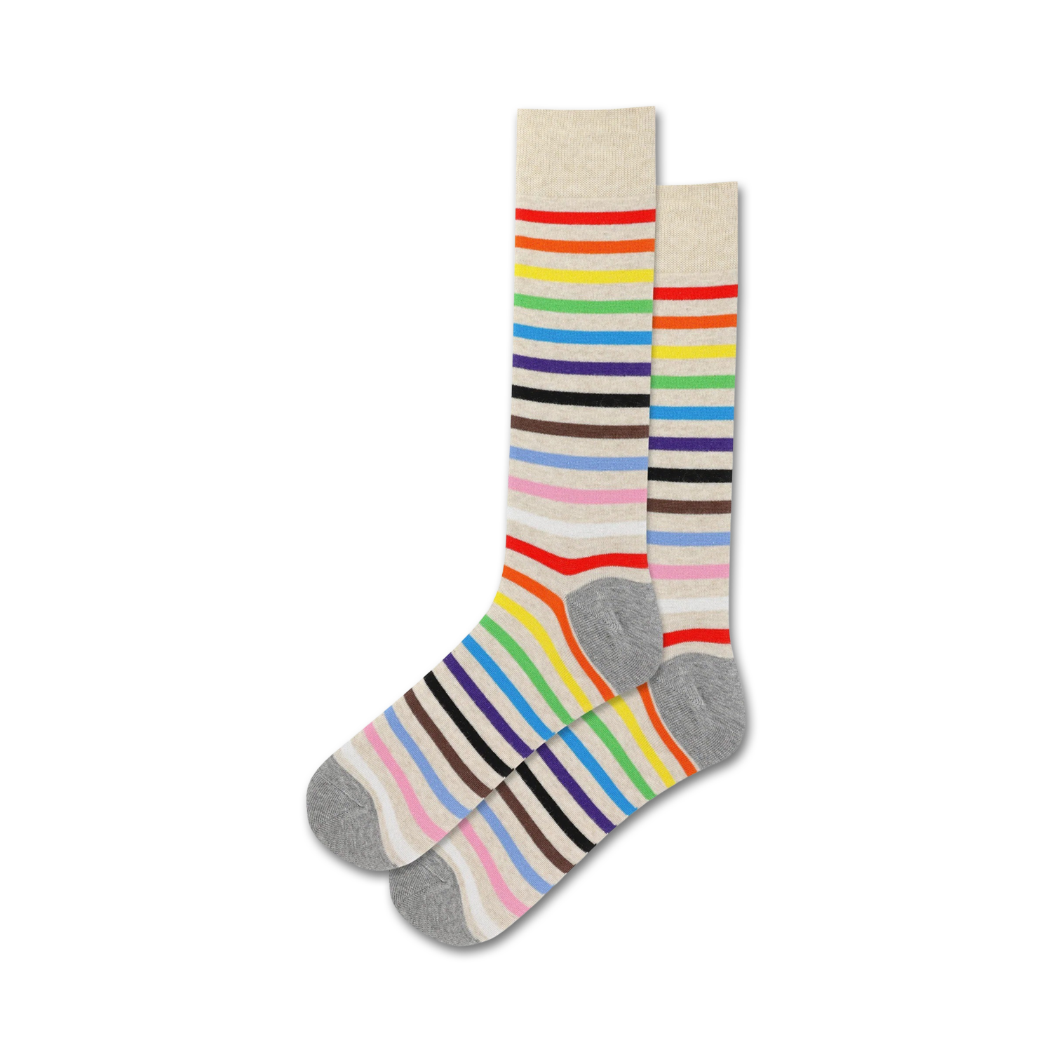 Two pairs of crew socks with multicolored stripes on a beige background.  The stripes include rainbow colors and brown.  Gray heel and toe.
