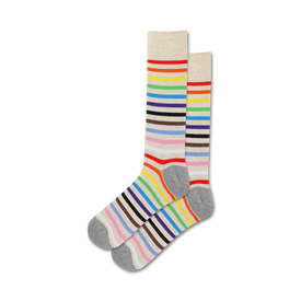 mens socks with alternating wide & narrow stripes in rainbow colors of red, orange, yellow, green, blue, purple, pink, black, gray, & white.    