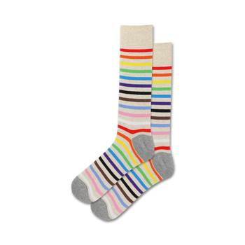 mens socks with alternating wide & narrow stripes in rainbow colors of red, orange, yellow, green, blue, purple, pink, black, gray, & white.    