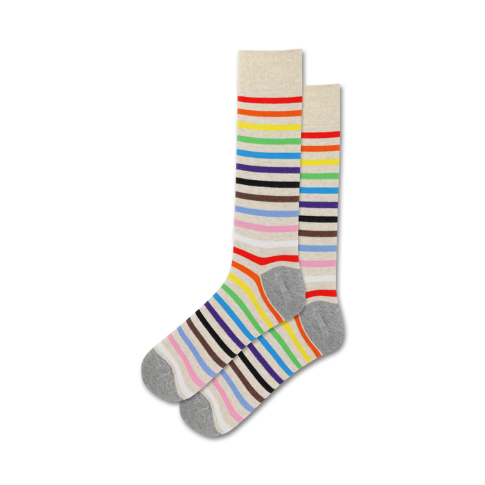 mens socks with alternating wide & narrow stripes in rainbow colors of red, orange, yellow, green, blue, purple, pink, black, gray, & white.     }}