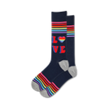 Pair of navy blue crew socks with rainbow stripes and a retro 'LOVE' design featuring a rainbow heart.
