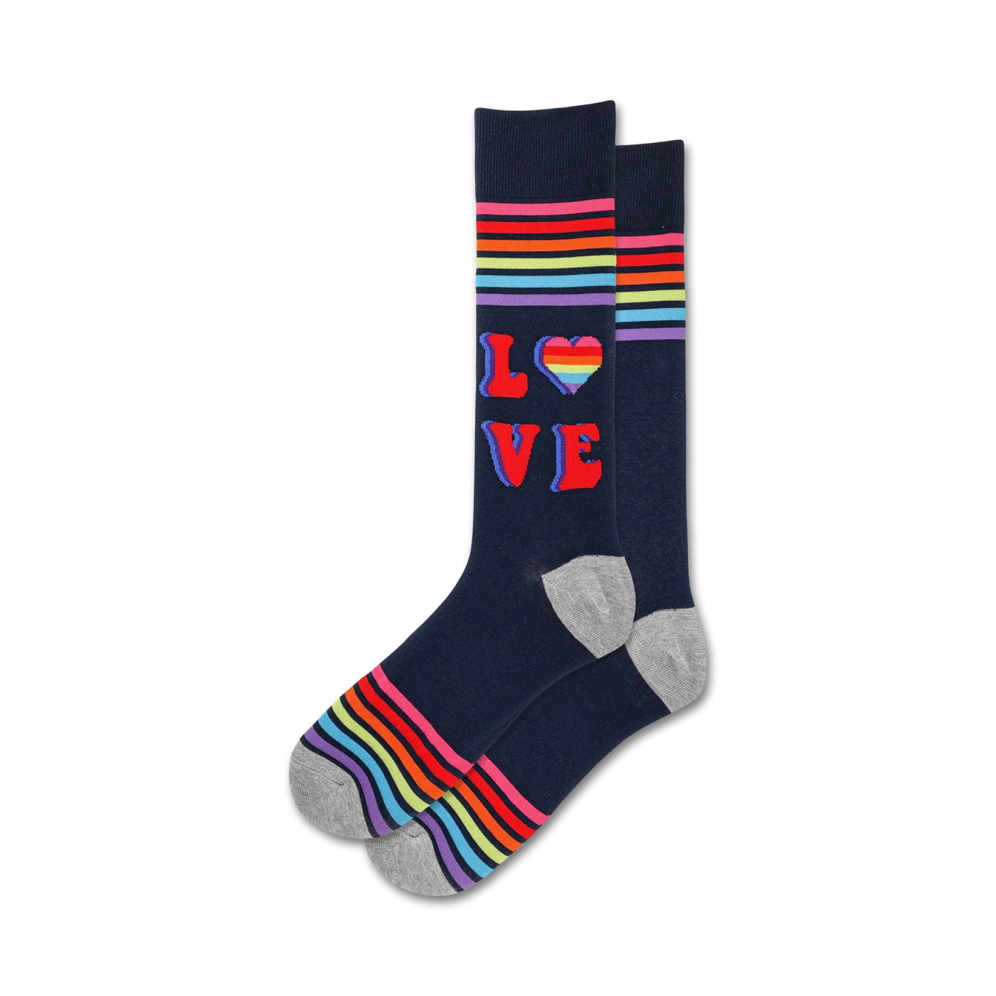 Pair of navy blue crew socks with rainbow stripes and a retro 'LOVE' design featuring a rainbow heart.