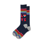 Pair of navy blue crew socks with rainbow stripes and a retro 'LOVE' design featuring a rainbow heart.