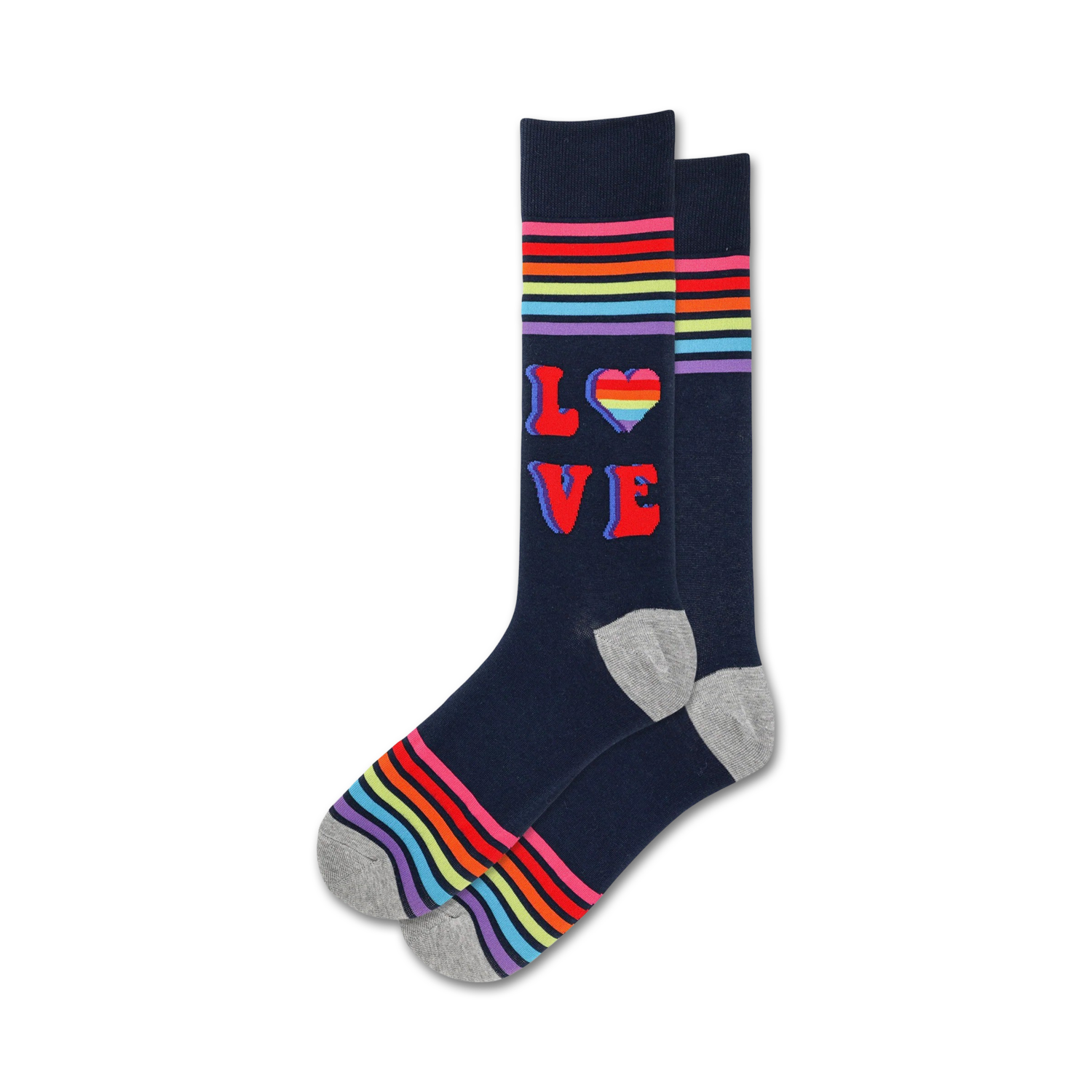 Pair of navy blue crew socks with rainbow stripes and a retro 'LOVE' design featuring a rainbow heart.