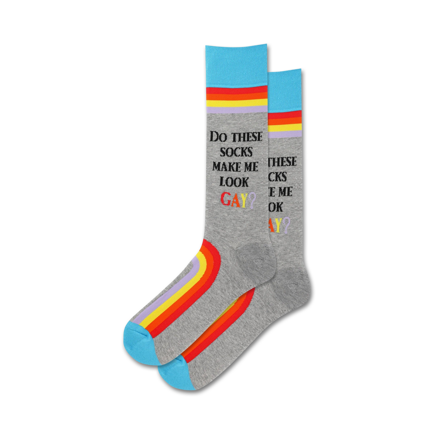 A pair of grey crew socks with rainbow stripes along the bottom and text that says, "Do these socks make me look gay?"