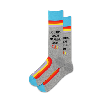  gray crew socks with rainbow colors and text, asking "do these socks make me look gay?"   