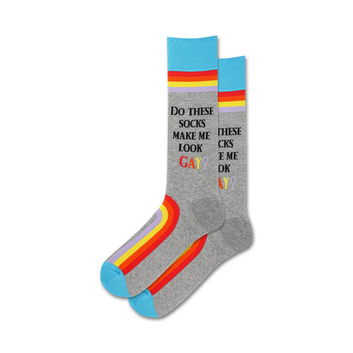  gray crew socks with rainbow colors and text, asking 