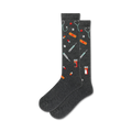 Pair of dark grey crew socks with a pattern of colorful medical icons: stethoscopes, pills, bandages, and syringes.