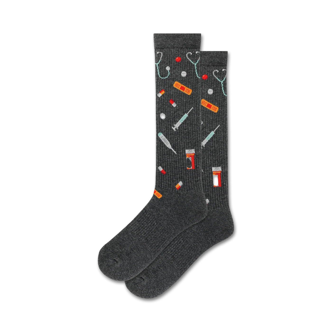 Pair of dark grey crew socks with a pattern of colorful medical icons: stethoscopes, pills, bandages, and syringes.