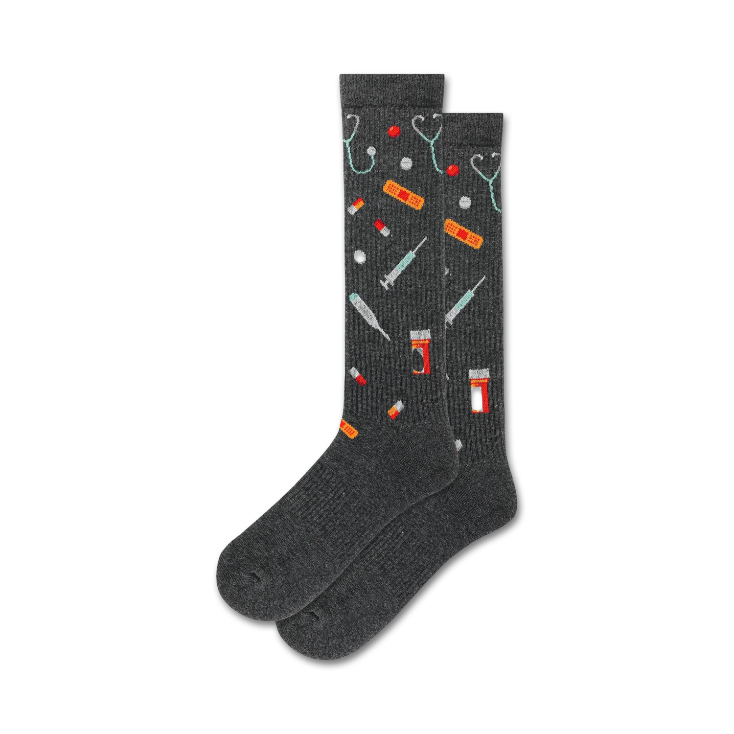 Pair of dark grey crew socks with a pattern of colorful medical icons: stethoscopes, pills, bandages, and syringes.
