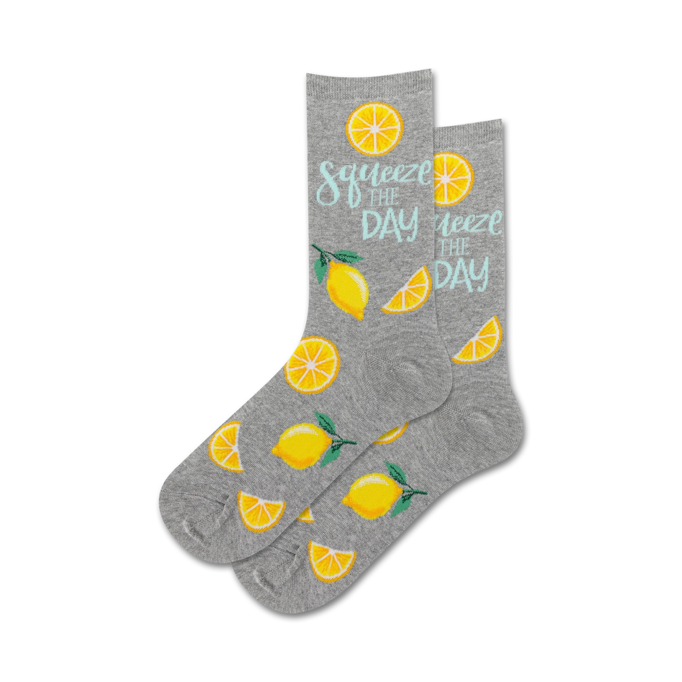Pair of grey crew socks with yellow lemons and the text 'Squeeze the Day' in light teal. 