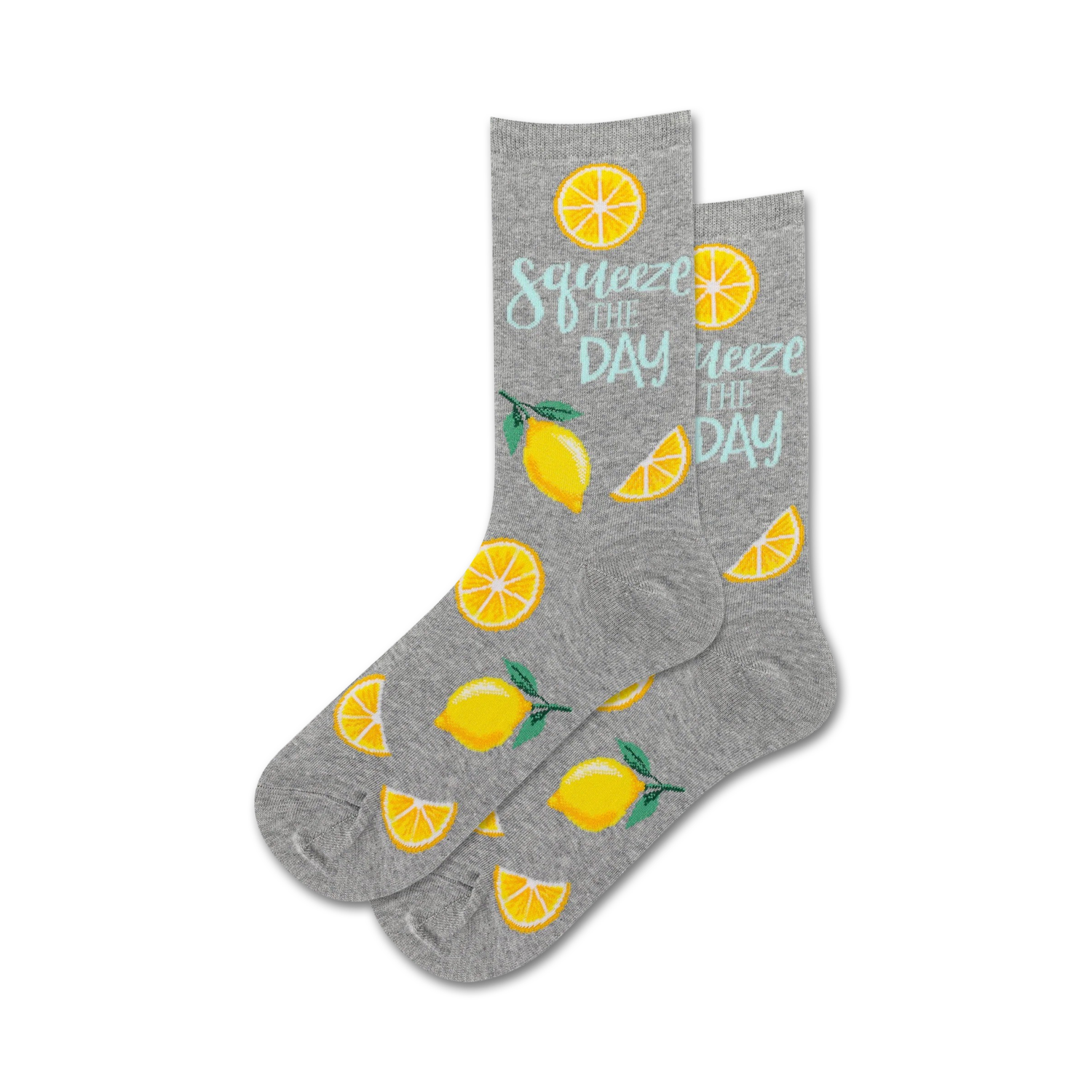 Pair of grey crew socks with yellow lemons and the text 'Squeeze the Day' in light teal. 