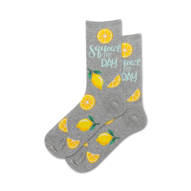 gray crew socks with lemon pattern and "squeeze the day" text.  