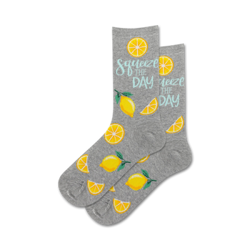 gray crew socks with lemon pattern and "squeeze the day" text.  