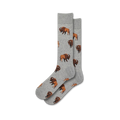 Pair of gray crew socks with a repeating pattern of brown buffalo illustrations.