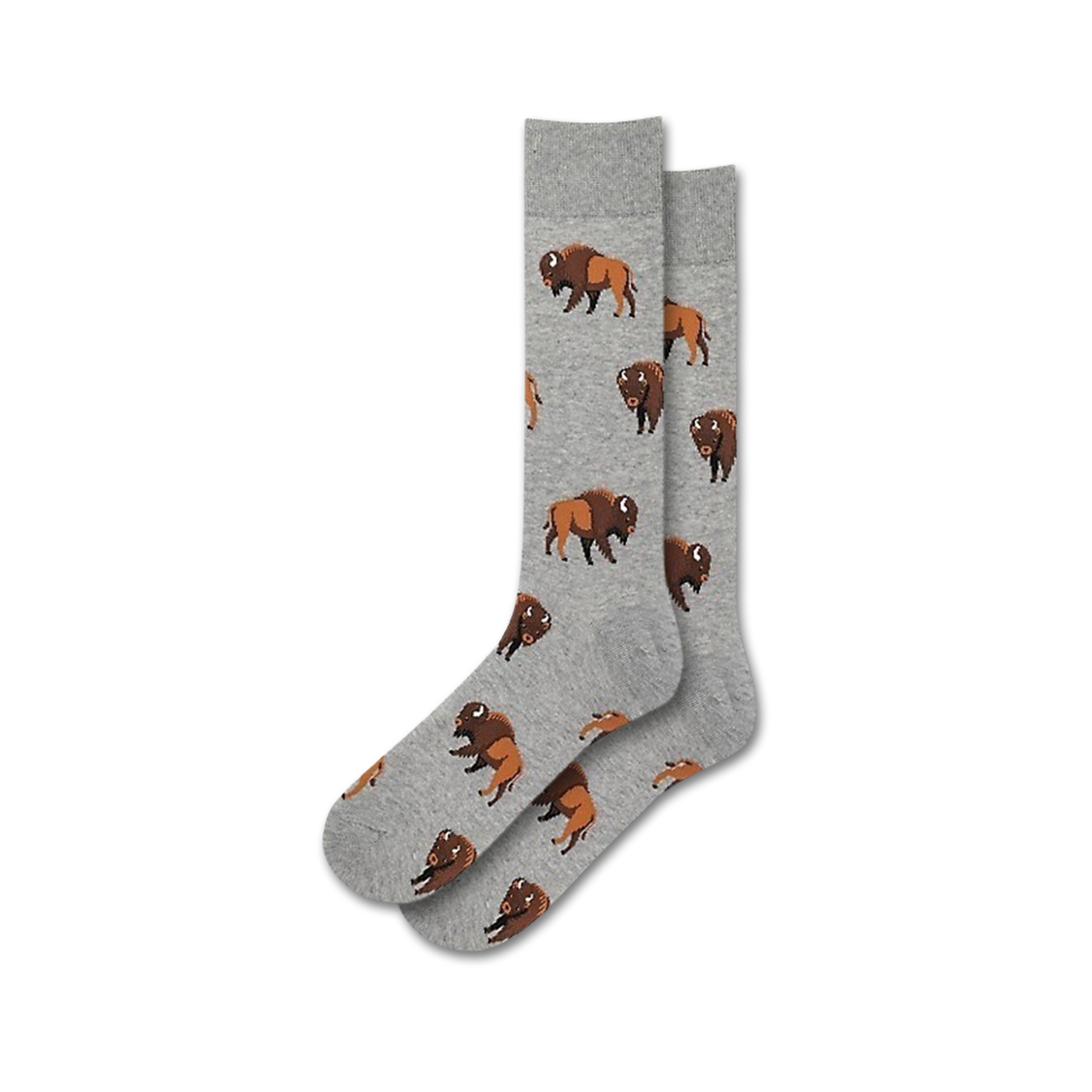 Pair of gray crew socks with a repeating pattern of brown buffalo illustrations.