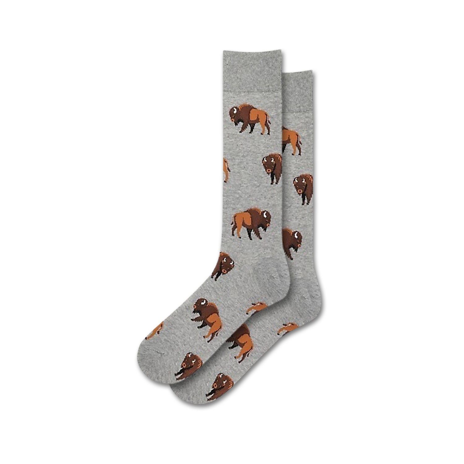 Pair of gray crew socks with a repeating pattern of brown buffalo illustrations.