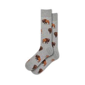 gray crew socks with brown buffalo print for men.  