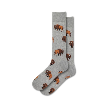 gray crew socks with brown buffalo print for men.  