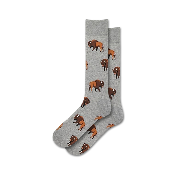 gray crew socks with brown buffalo print for men.   }}