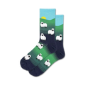 Pair of crew socks with a green, blue, and navy striped design. Features adorable white sheep and a setting sun illustration.