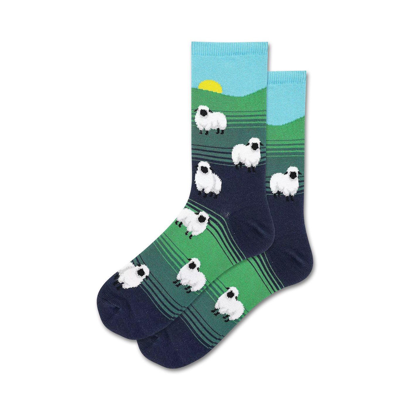 Pair of crew socks with a green, blue, and navy striped design. Features adorable white sheep and a setting sun illustration.